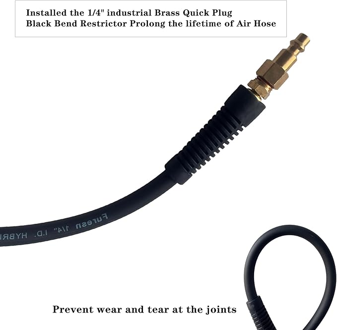 Air Hose 3/8 in x 10 ft, Heavy Duty, Lightweight, Kink Resistant, Hybrid Air Compressor Hose with 1/4 in Solid Brass Male Fittings, Bend Restrictors, 300 PSI (10FT, Black)