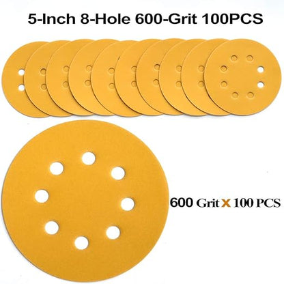 Aiyard 5-Inch 8-Hole Hook and Loop Sanding Discs 600-Grit Random Orbit Sandpaper, 100-Pack