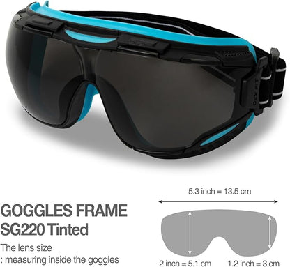 DEX FIT Protective Safety Goggles SG220; Anti Fog & Scratch, Z87 Eye Protection for Work, Adjustable for Women and Men, (Black & Blue Frame, Tinted Lens, 19cm Strap)