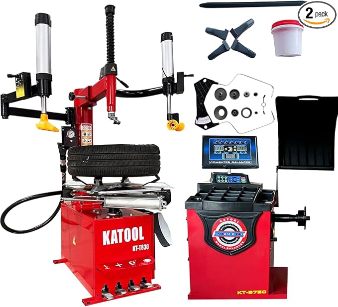 KATOOL 2.0HP Tire Changer and Balancer Machine Combo with Bead Blaster and Double Assist Arm, Outside Clamp Rim 14"-24", Tire Machine Wheel Balancer, KT-T830W+KT-B750, Red