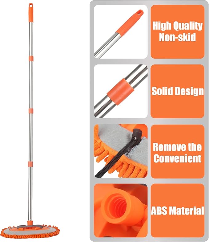 LumiMokki 62 " Car Wash Mop Kit - Car Cleaning Mop with Long Handle Stainless Steel Pole for RVs, SUVs, Trucks and Buses (Orange)
