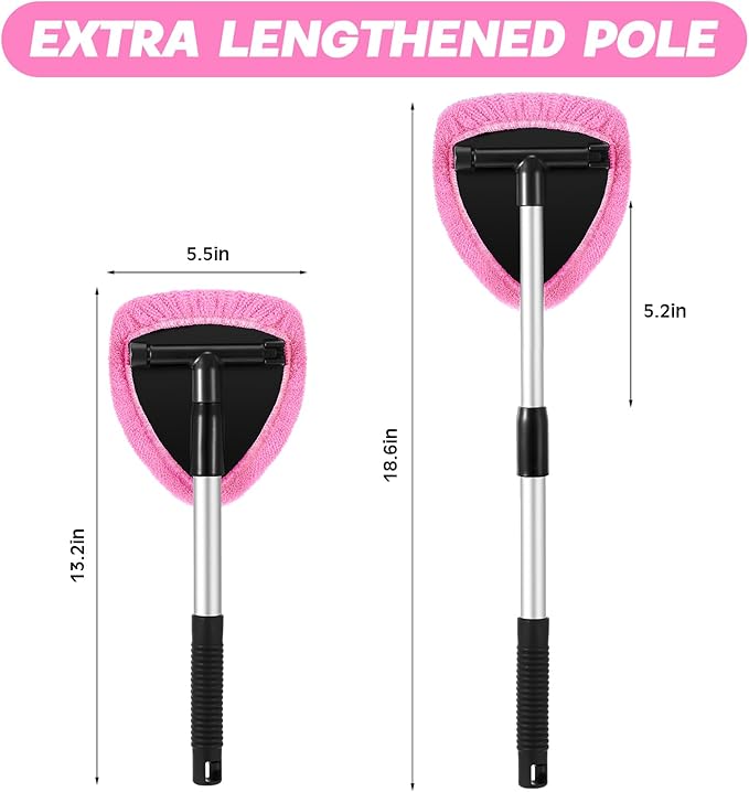 Baderke 10 Pcs Windshield Cleaner Tool Car Window Cleaning Supplies with Extendable Handle Include 6 Washable Microfiber Bonnets 2 Empty 60ml Spray Bottle Glass Wiper Kit(Pink)