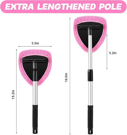 Baderke 10 Pcs Windshield Cleaner Tool Car Window Cleaning Supplies with Extendable Handle Include 6 Washable Microfiber Bonnets 2 Empty 60ml Spray Bottle Glass Wiper Kit(Pink)