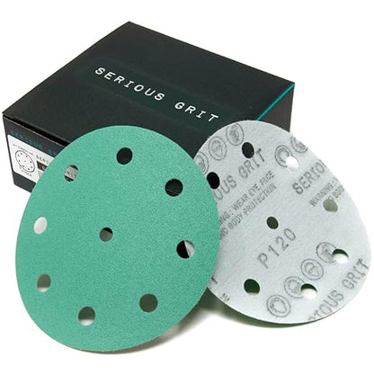 Serious Grit - 5-Inch 9-Hole 120 Grit Sanding Discs - Heavy-Duty Hook & Loop Film Discs - Sandpaper for Random Orbital Sanders - 50 Pack Box