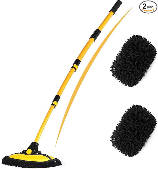 56.7" Car Wash Brush Mop Kit Microfiber Car Washing Sponge Mitt with Long Handle Car Cleaning Supplies Tools RV Washing Duster Exterior Scratch Free, Chenille Replacement Head Extension Pole