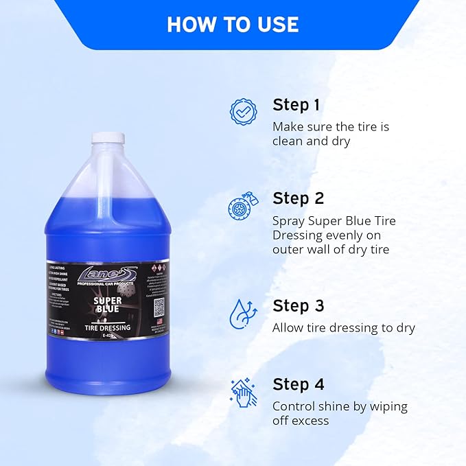 LANE'S Super Blue Tire Dressing Spray | High-Gloss Car Tire Shine Spray | No Sling, No Run, Long Lasting | Protects from Cracks & UV Rays | Non-Greasy Automotive Dressing & Cleaner | 1 Gallon