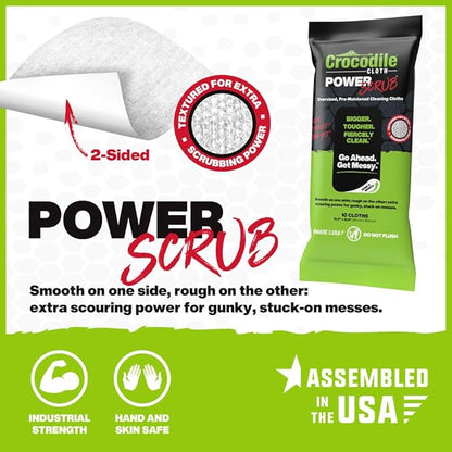 Crocodile Cloth PowerSCRUB Cleaning Wipes – 10 (15" x 10") Dual-Surface Cloths, Heavy-Duty, Moist, Absorbent, & Disposable - Safe on Skin & Multiple Surfaces