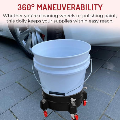 Heavy Duty Car Wash Bucket Dolly with 360° Swivel Casters | Fits 3.5–7 Gallon Buckets | 300 lb Capacity | Soap Holder | Rolling Pail Stand for Auto Detailing |Red