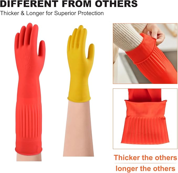 North Tower Kitchen Washing Room Gloves Fleece Lined, Reusable, Waterproof with Extra-Long Cuff & Anti-Slip Design for Household & Kitchen Use,15",2 Pairs Large