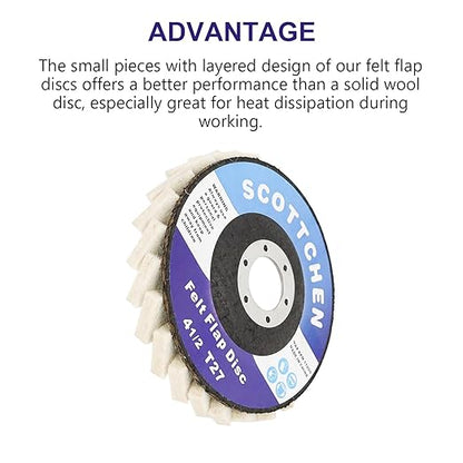 SCOTTCHEN Felt Flap Disc Abrasives 4-1/2" x 7/8" Arbor Buffing Polishing Wheel for Angle Grinder - 10 Pack