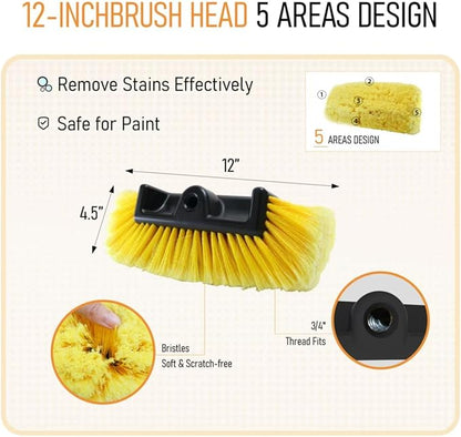 Five-Sided Car Wash Brush with 56" Long Handle | Car Wash 12" Dip Soft Five-Sided Brush | No Scratch Soft Bristle Brush for Car, RV, Boat, Solar Panel House Siding, Snow, Floors Washing