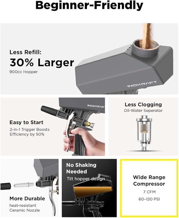 Inokraft Leak-Proof Portable Sand Blaster Gun Kit with Oil-Water Separator & Extension Nozzle,Mini Sandblaster for Rust & Paint Removal, Compatible with Aluminum Oxide, Sand, Walnut Shell & Soda