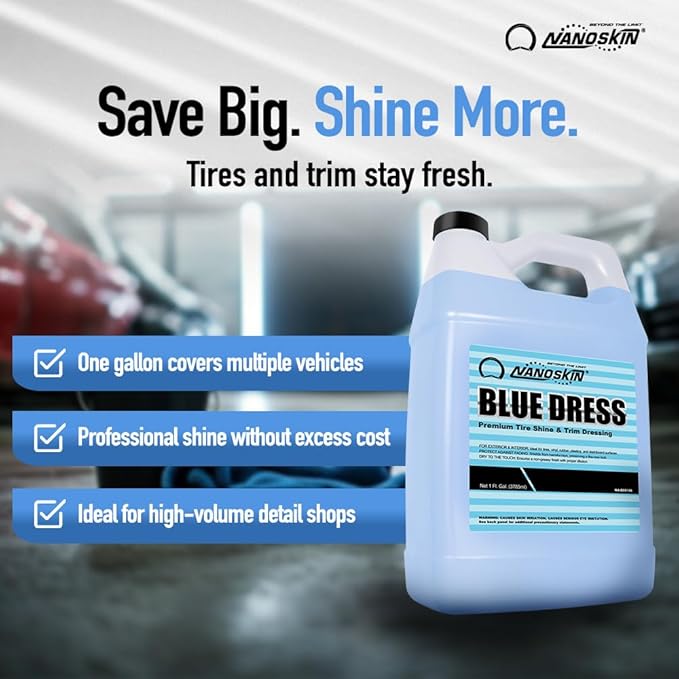 Nanoskin BLUE DRESS Premium Dressing 55 Gallons- Sprayable Interior & Exterior Dressing for Car Detailing | Works on Tire, Vinyl, Rubber, Plastic & Trim| Safe for Cars, Trucks, Motorcycles, RVs & More