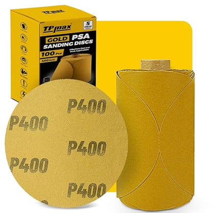 100PCS 5 Inch PSA Sanding Discs 400 Grit | Self-Adhesive Sandpaper Roll for DA Sanders, Orbital Sander | Gold Aluminum Oxide Sticky Back Abrasive Discs for Automotive, Woodworking, and Metal Polishing