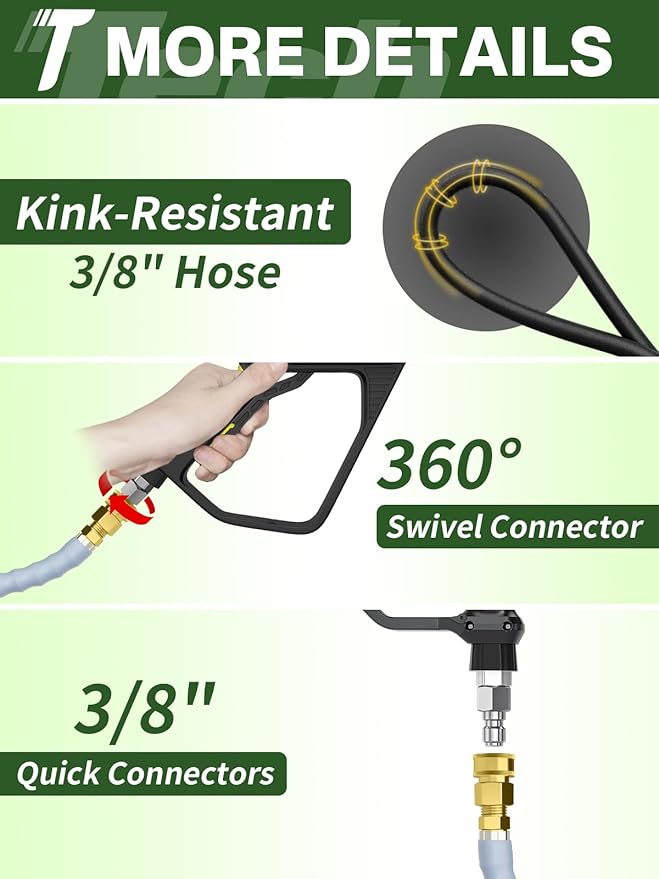 3/8" 4800PSI Pressure Washer Hose 100FT with Swivel Quick Connect for Cold/Hot Water Max 248°F, Kink Resistant Steel Wire Braided, Wear Resistant Power Washer Hose with M22 14mm Adapter