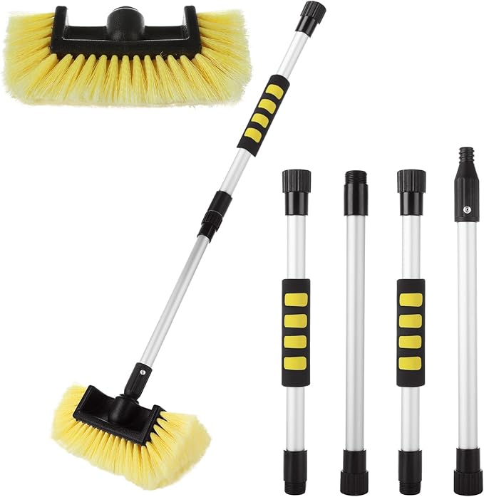 Car Wash Brush with Long Handle 60 Inch, 10" Soft Bristle Scrub Brush for Car, Truck, Boat, RV, Washing Cleaning Tool (Yellow, 4-Section Pole)