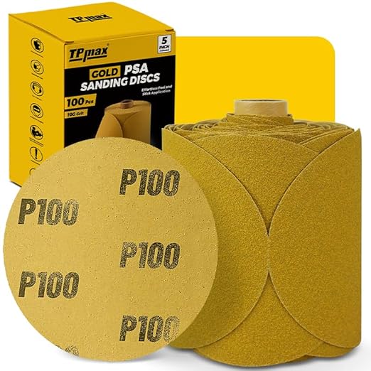 100PCS 5 Inch PSA Sanding Discs 100 Grit | Self-Adhesive Sandpaper Roll for DA Sanders, Orbital Sander | Gold Aluminum Oxide Sticky Back Abrasive Discs for Automotive, Woodworking, and Metal Polishing