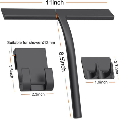 Anlynwooh All -Purpose Silicone Shower Squeegee for Shower Glass Door with Hook, Bathroom Accessories for Window Mirror Tile Car Shower Walls,Household Shower Cleaner Tool (Black, 11inch)