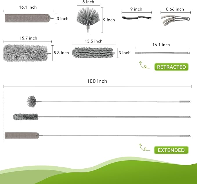 12-in-1 100-Inch Extendable Duster Kit–Multi-Tool Set (Multi-Angle Chenille/Microfiber/Window Blind/PP Panel) for Home/Office/Car