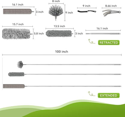 12-in-1 100-Inch Extendable Duster Kit–Multi-Tool Set (Multi-Angle Chenille/Microfiber/Window Blind/PP Panel) for Home/Office/Car