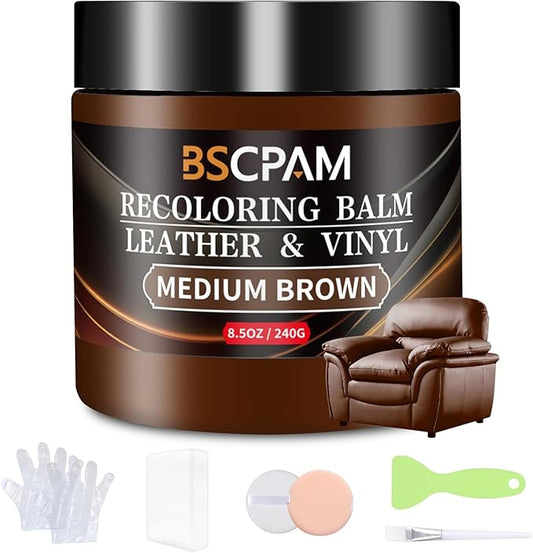 BSCPAM Medium Brown Leather Recoloring Balm,Leather Couch Scratch/Stain Remover,Leather Repair kit for Vinyl Furniture and Car Interior,Leather Dye Paint for Scratched and Faded Leather Couches