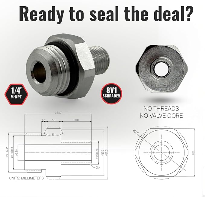SKÖG Self-Sealing Tire Inflator Adapter (2 Pack) – 1/4” NPT Male to Schrader Valve, Leak-Free O-Ring, No Tape Needed