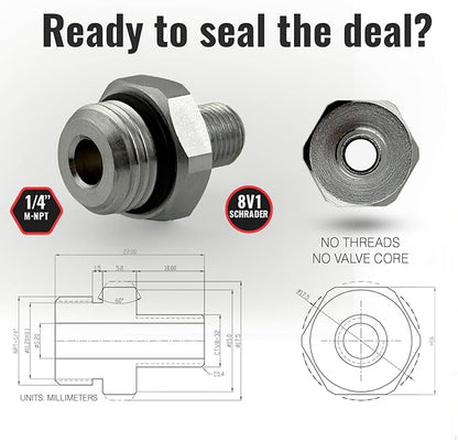SKÖG Self-Sealing Tire Inflator Adapter (2 Pack) – 1/4” NPT Male to Schrader Valve, Leak-Free O-Ring, No Tape Needed