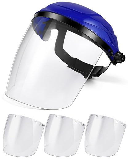 Tellegloww 4 Pcs Safety Face Shield for Grinding and Cutting, Clear Impact Resistant Visor, Full Face Shield Mask with Ratchet Headgear for Grinding, Isolation, Weed Whacking, Industrial Use (Blue)