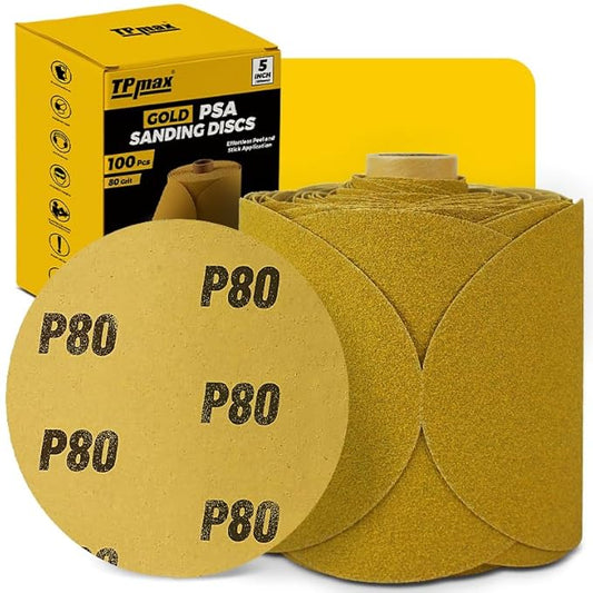 100PCS 5 Inch PSA Sanding Discs 80 Grit | Self-Adhesive Sandpaper Roll for DA Sanders, Orbital Sander | Gold Aluminum Oxide Sticky Back Abrasive Discs for Automotive, Woodworking, and Metal Polishing