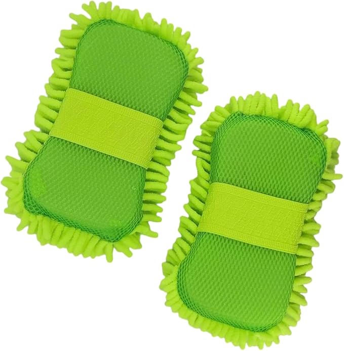 WAKALALA Microfiber Car Wash Mitt, Dual-Sided Cleaning Glove, High-Density Chenille, Non-Scratch Cleaning Sponge (2, Green)