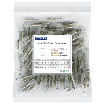 Heat Shrink Butt Connectors, 26-24 AWG 100 Pcs Clear Marine Grade Insulated Crimp Wire Connectors, Waterproof Electrical Connectors Butt Splice for Boat Truck Wiring