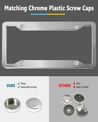 Stainless Steel License Plate Frames- 2 Pack Mirror Polished Front & Rear Auto Car Tag Holder, Heavy Duty Chrome Bracket with Mount Hardware, Screws Caps