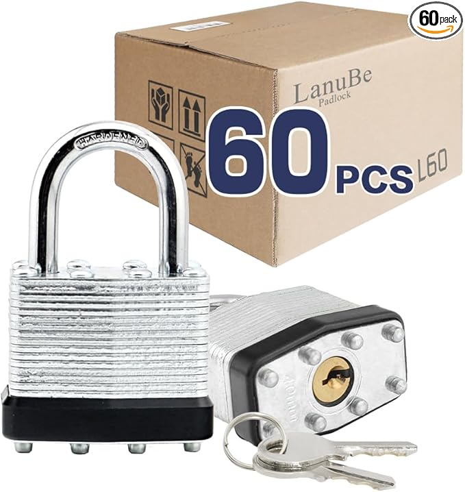LanuBe Lock Laminated keyed Padlock (1-9/16", 40mm), keyed Alike Locks, Normal Shackle,Marked Black Plastic Hoop, Pack of 60…