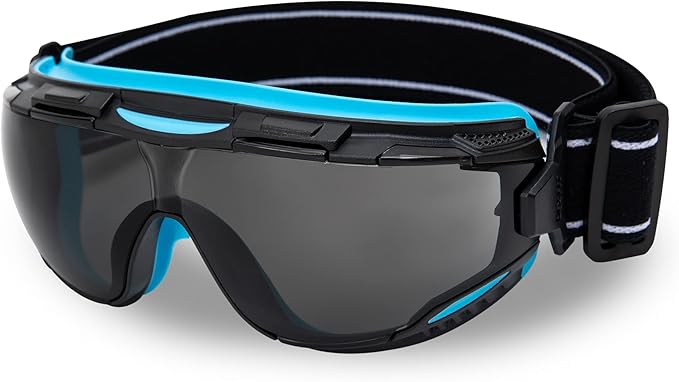 DEX FIT Protective Safety Goggles SG220; Anti Fog & Scratch, Z87 Eye Protection for Work, Adjustable for Women and Men, (Black & Blue Frame, Tinted Lens, 19cm Strap)