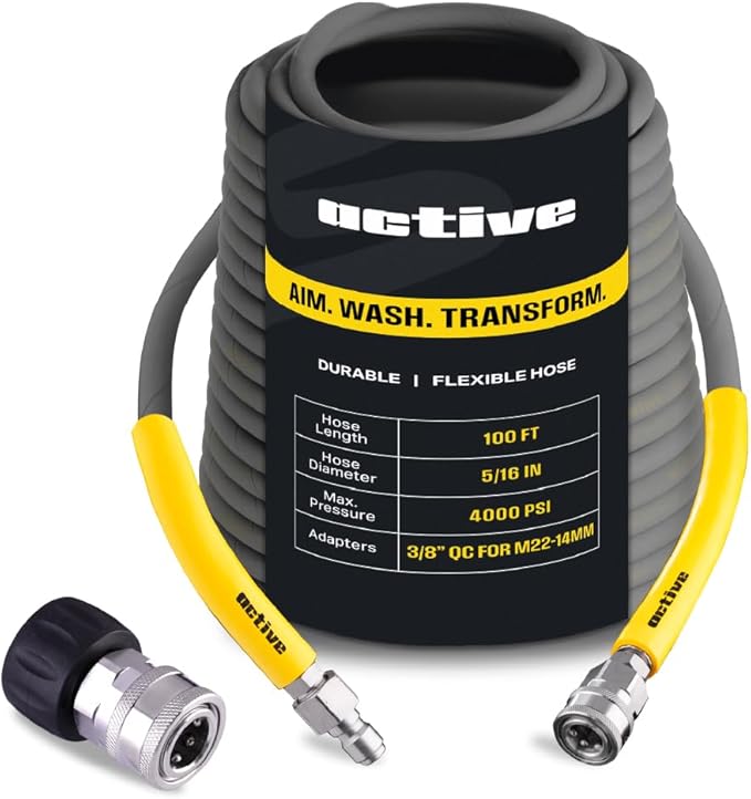 Active 100’ Pressure Washer Hose Compatible with gas and electric pressure washers (M22-14mm) Kink resistant, flexible steel braided power washer hose, max operating spec of 4000PSI & 12GPM and 212°F