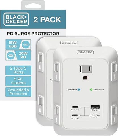 BLACK+DECKER PD USB Wall Charger Surge Protector, 2-Pack, 5 Outlet Extender 2 USB C & 1 USBA Charging Ports, Fast Charge 3 Sided Power Strip Multi Plug Outlets Wall Adapter for Home Office, ETL Listed