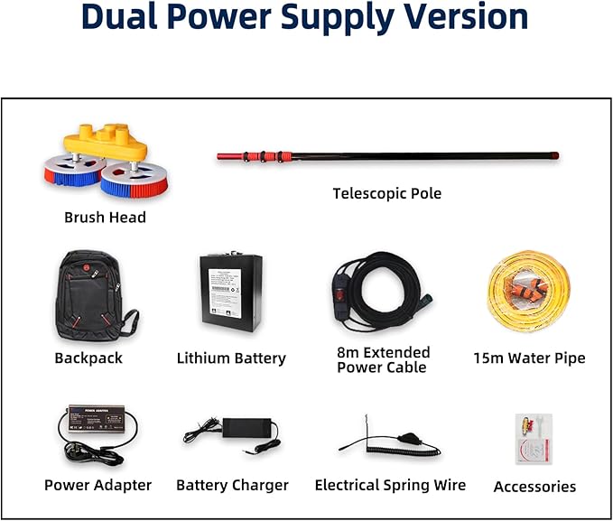Solar Panel Cleaning Brush, 18FT Watter Supply Kit with Extendable Pole Dual Head Automatic Window Glass Washing Equipment with Lithium Battery and Power Converter