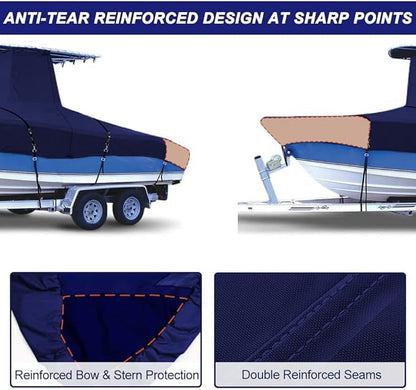 900D Marine Grade Fade and Tear Resistant Trailerable T-Top Boat Cover, Heavy-Duty Waterproof and UV-Proof T TOP Boat Storage Cover with Windproof Metal Buckle Straps Fit 18ft-20ft Long(Navy)