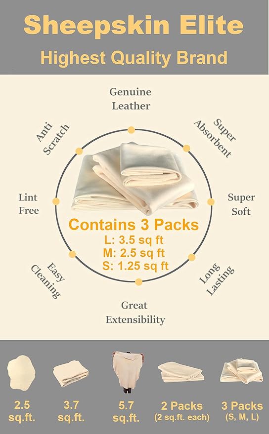 Chamois Drying Cloth Car Drying Towel Real Leather Super Absorbent Fast Drying Natural Chamois Car Wash Cloth Accessory (7.25 SQ FT in Total)