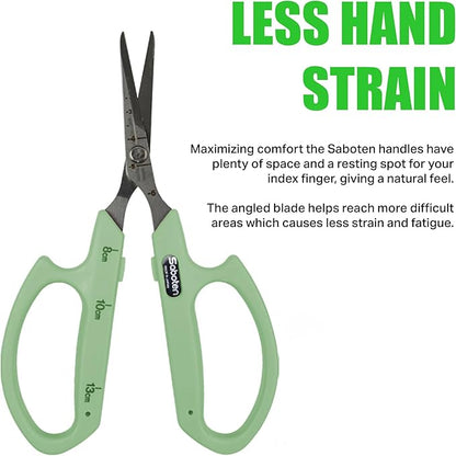 Saboten Stainless Steel Angled Blade Trimming Scissors Green PT-13 160mm Precision Gardening Bonsai and Floral Shears Made in Japan
