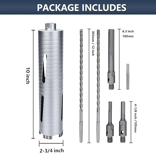 2-3/4 inch Diamond Dry Core Drill Bit, 10" Drilling Depth, 5/8"-11 Thread Core Drill Bit for Concrete Masonry Brick Block, Includes 3 Adapters SDS Plus, SDS Max and Hex (2-3/4 inch)