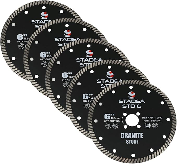 Stadea SBD114C Diamond Saw Blade 6-Inch Continuous Turbo Dry Cutting - Cuts Granite Quartz Quartzite, Fits Grinder, Saw Cutter, 8 MM Segments - Pack of 5
