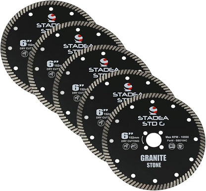 Stadea SBD114C Diamond Saw Blade 6-Inch Continuous Turbo Dry Cutting - Cuts Granite Quartz Quartzite, Fits Grinder, Saw Cutter, 8 MM Segments - Pack of 5