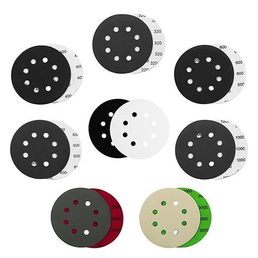 120PCS 5 Inch Sanding Discs Hook & Loop Sandpaper 320/400/600/800/1000/2000/3000 Grit Orbital Wet Dry Sandpaper with 2PCS Interface Pads for Automotive Wood Metal Polishing