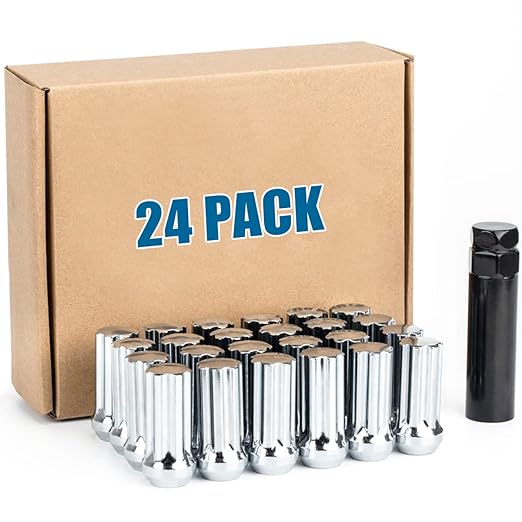 JiiinMiiin 24pcs M14x2.0 Lug Nuts Chrome with 7 Spline Tuner, 14x2 Locking Lugnut 2 inch Length with 1 Socket Key, 60 Degree Conical/Cone Bulge Seat Closed End