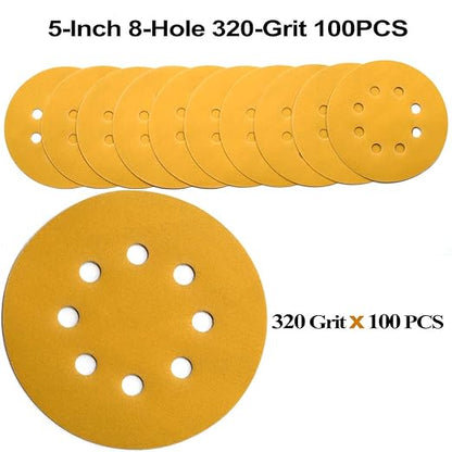 Aiyard 5-Inch 8-Hole Hook and Loop Sanding Discs 320-Grit Random Orbit Sandpaper, 100-Pack