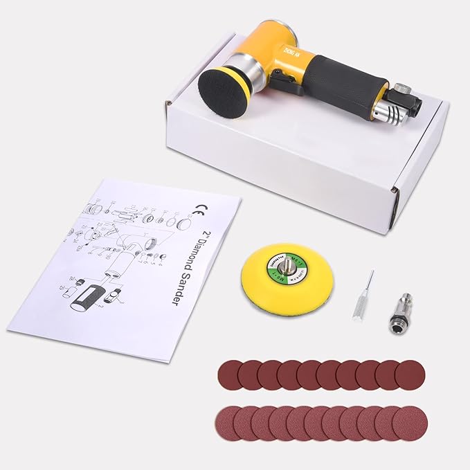 ZHONG AN 2/3 inch Mini Orbital Sander Pneumatic Palm da sander Air Polisher Super Smooth and Swirl Freely for Auto Body Work Wood working with 20 PCS Sanding Discs,Yellow