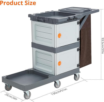 Commercial 3-Shelf Janitorial Cart with 2 Cabinets/Shelves, Commercial Traditional Wheeled Cleaning Cart with Cover and Oxford Bag, 300 Lb Capacity, Suitable for Schools, Hotels, Apartments