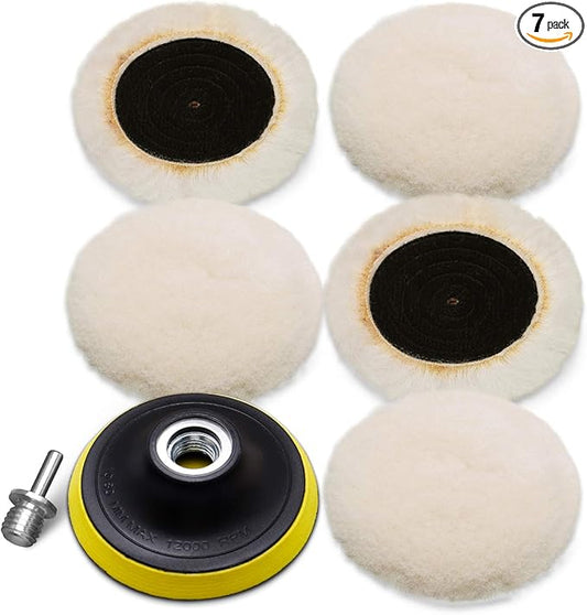 Wool Cutting Pad, Wool Buffing Polishing Pad Set, SPTA 7Pcs 3Inch (80mm) Buffing Wheel for Drill Lambs Wool Hook and Loop for Compound Cutting & Polishing for Car Polisher