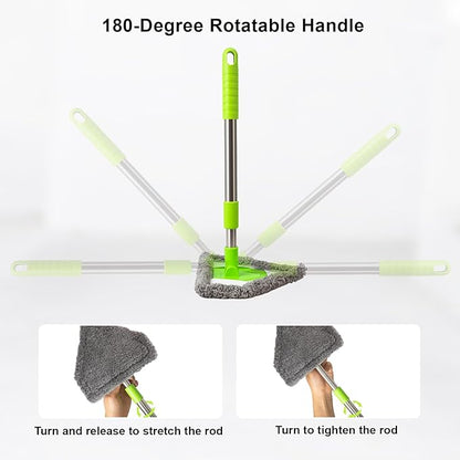 Car Windshield Squeegee Cleaning Tool - Vehicle Window Cleaner with 4 Reusable Washable Microfiber Pads, Telescoping Handle (13" - 16.7"), 180° Rotatable for Both Interior and Exterior Car Glass.